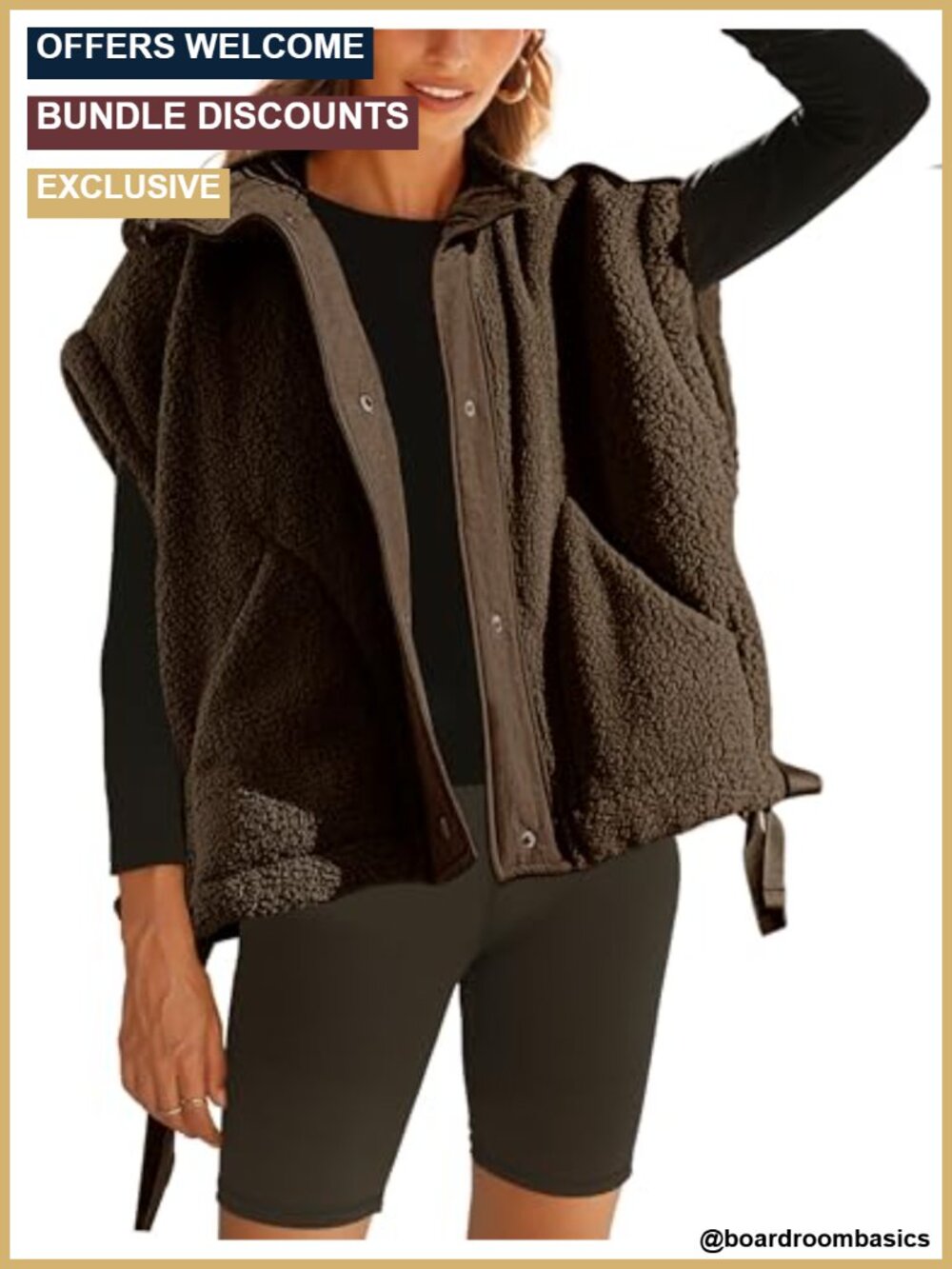 Sleeveless Fleece Vest Outerwear with Pockets, Button Closure, Relaxed Fit